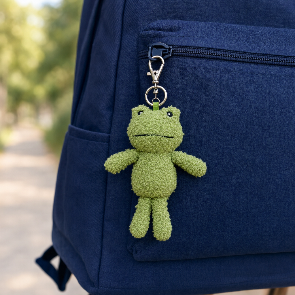 Pip the Frog Keychain - on backpack