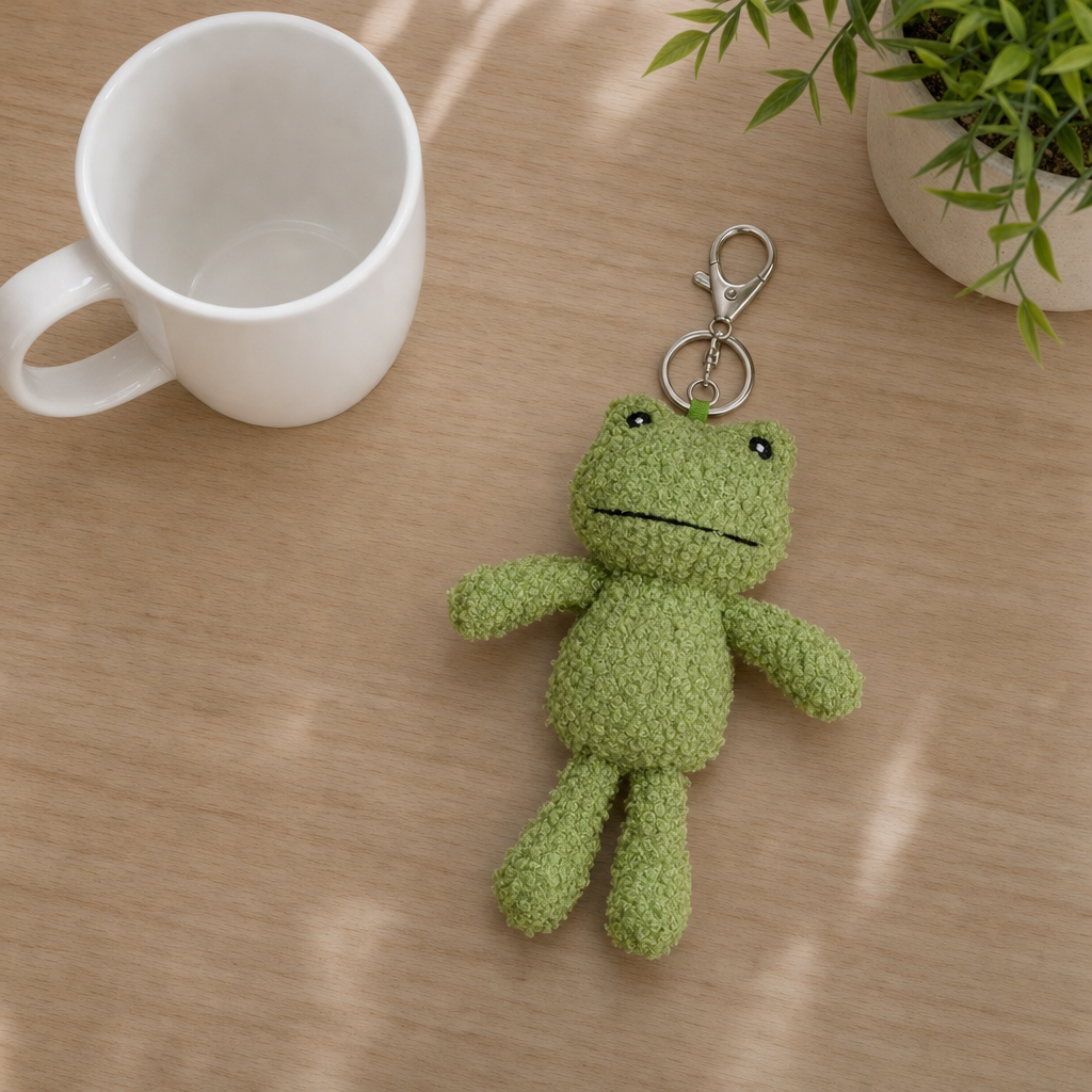 Pip the Frog Keychain - flatlay desk