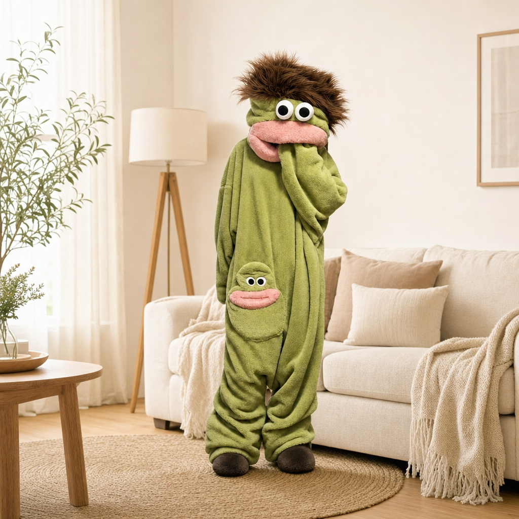 Sad Frog Onesie with plush brown shoes worn in a cozy living room