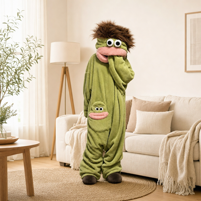 Sad Frog Onesie with plush brown shoes worn in a cozy living room