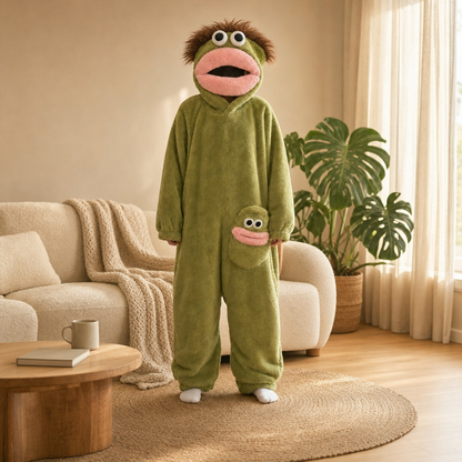 Sad Frog Onesie worn while lounging in a living room