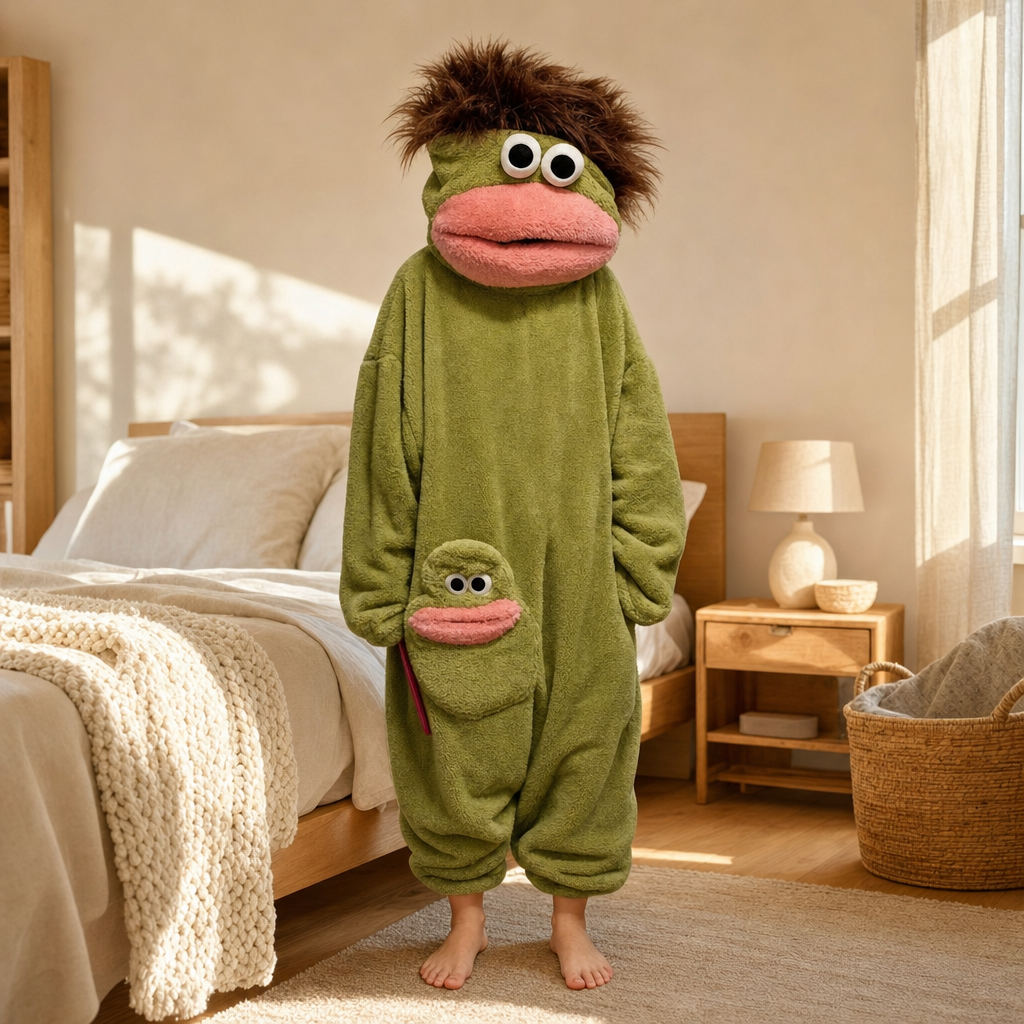 Sad Frog Onesie without shoes, bare feet, worn in a cozy bedroom
