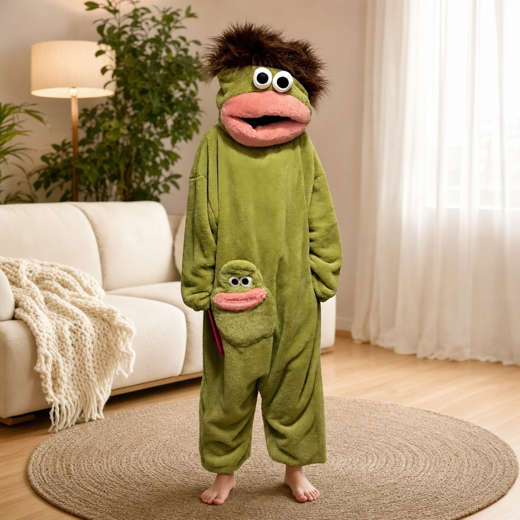 Sad Frog Onesie green hooded fleece pajamas with bare feet in a cozy living room