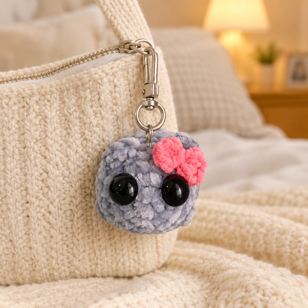 Sad Hamster violin keychain hanging from a cream knit bag on a cozy bed