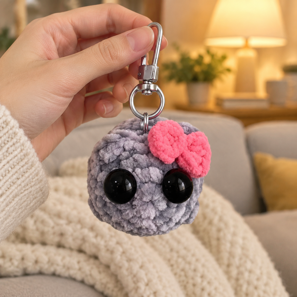 Hand holding the Sad Hamster keychain in a cozy living room