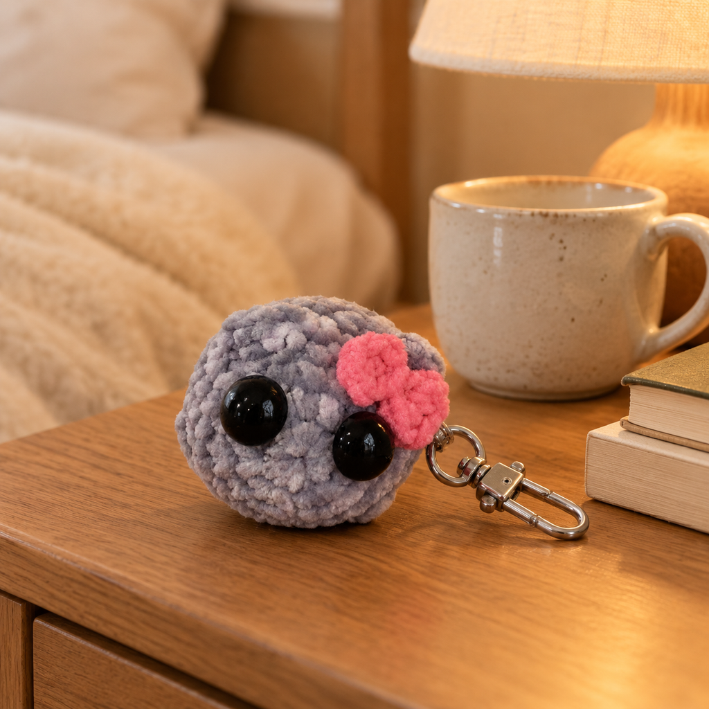 Sad Hamster keychain on a nightstand next to a lamp and a mug