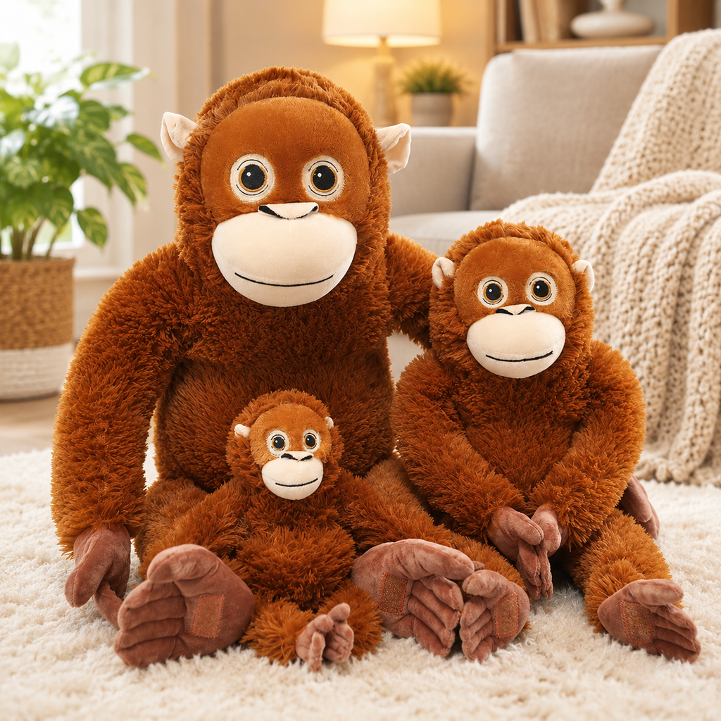 Three sizes of the orangutan comfort plush sitting on a cozy living room rug
