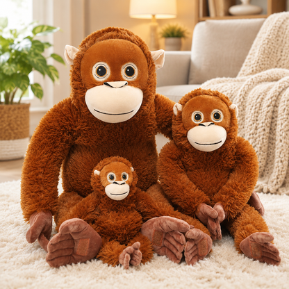 Three sizes of the orangutan comfort plush sitting on a cozy living room rug