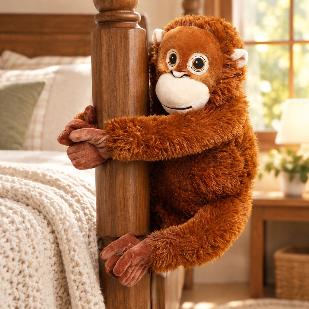 Orangutan comfort plush clinging to a bedpost with its long arms