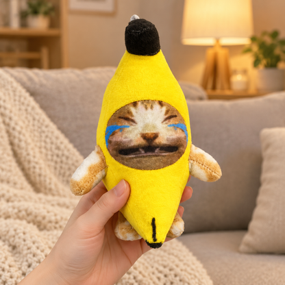 Hand holding the Crying Banana Cat plush in a living room