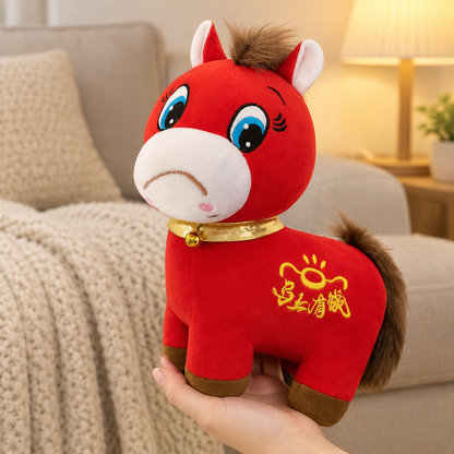 Hand holding the Crying Horse plush in a cozy living room