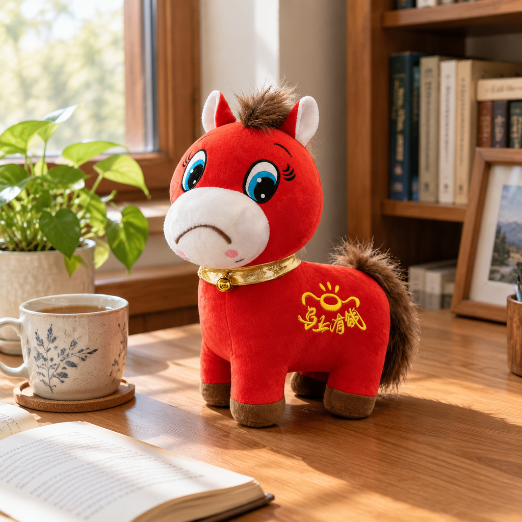 Crying Horse plush on a wooden desk next to a mug of tea
