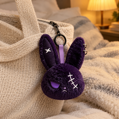 Purple Stitch gothic bunny keychain hanging from a cream knit bag on a cozy bed