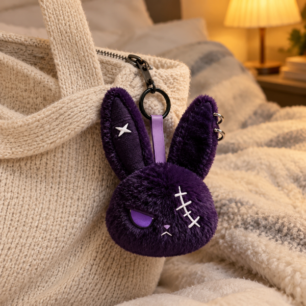 Purple Stitch gothic bunny keychain hanging from a cream knit bag on a cozy bed