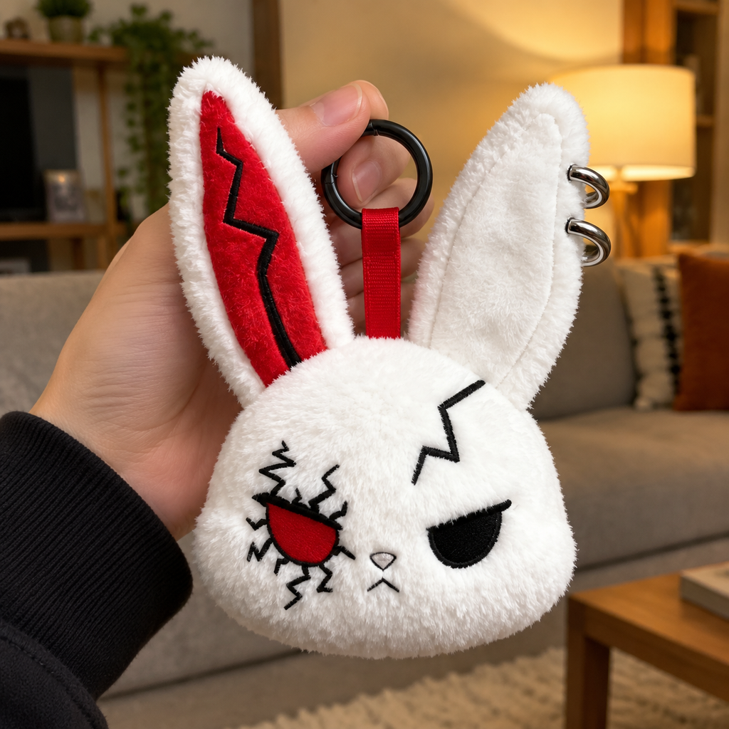 Hand holding the White Red Eye gothic bunny keychain in a living room