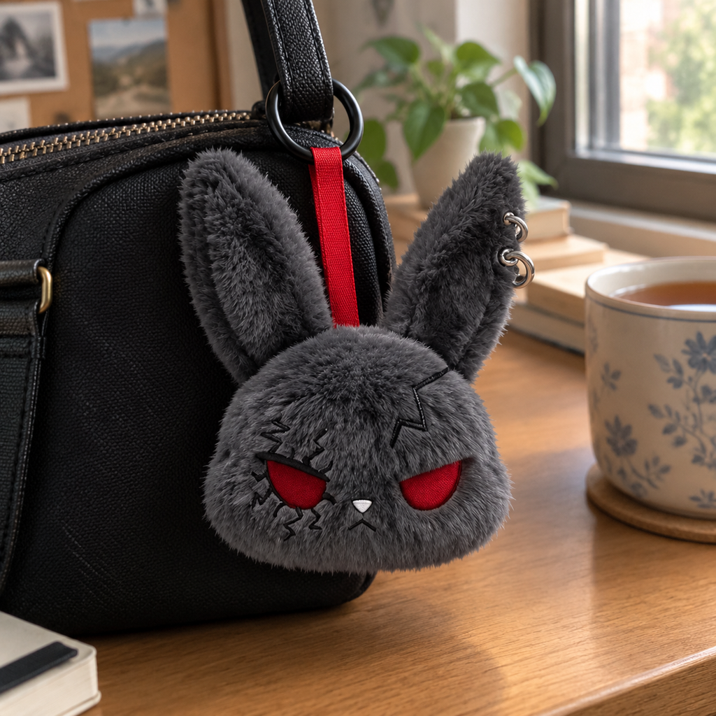 Dark Grey gothic bunny keychain on a bag next to a mug of tea