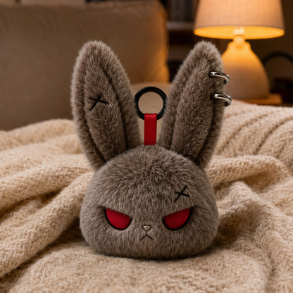 Taupe Brown gothic bunny keychain on a cream knit blanket