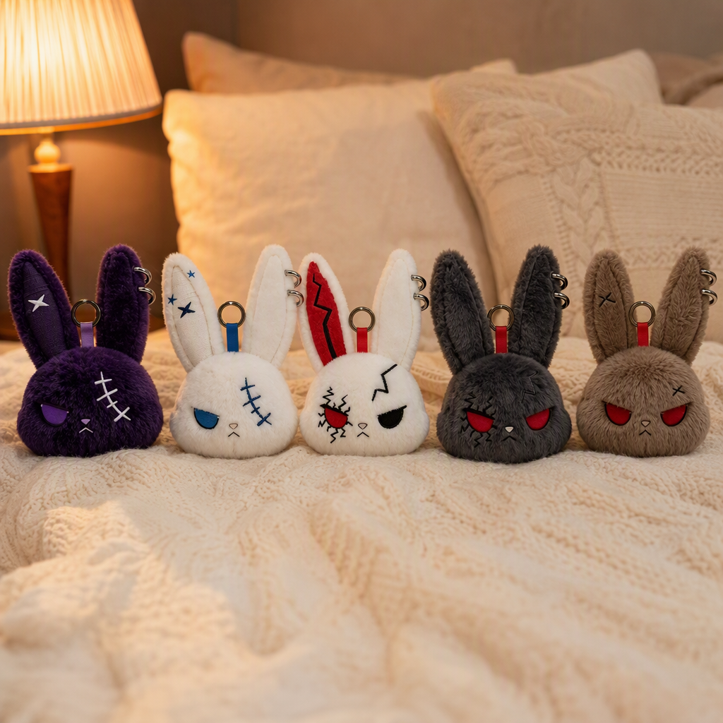 Set of 5 gothic bunny keychains lined up on a cozy bed