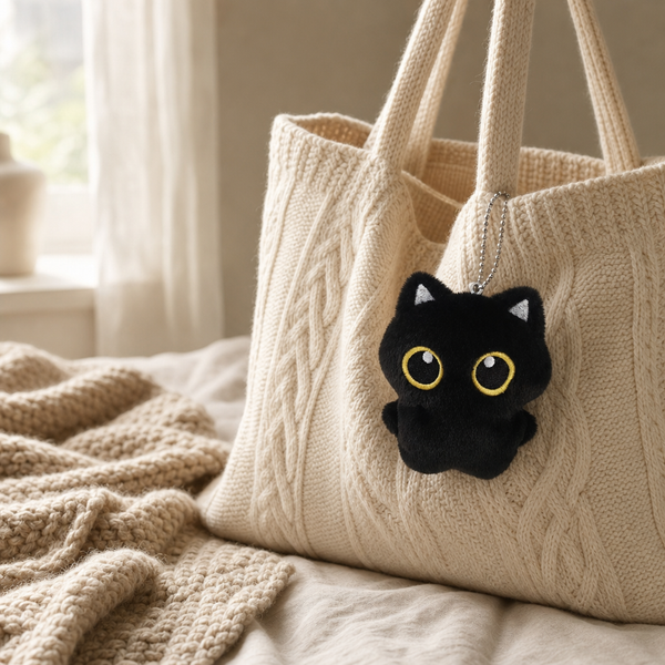 Black Cat plush keychain hanging from a cream knit bag on a cozy bed