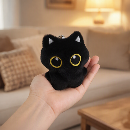 Hand holding the Black Cat plush keychain in a cozy living room