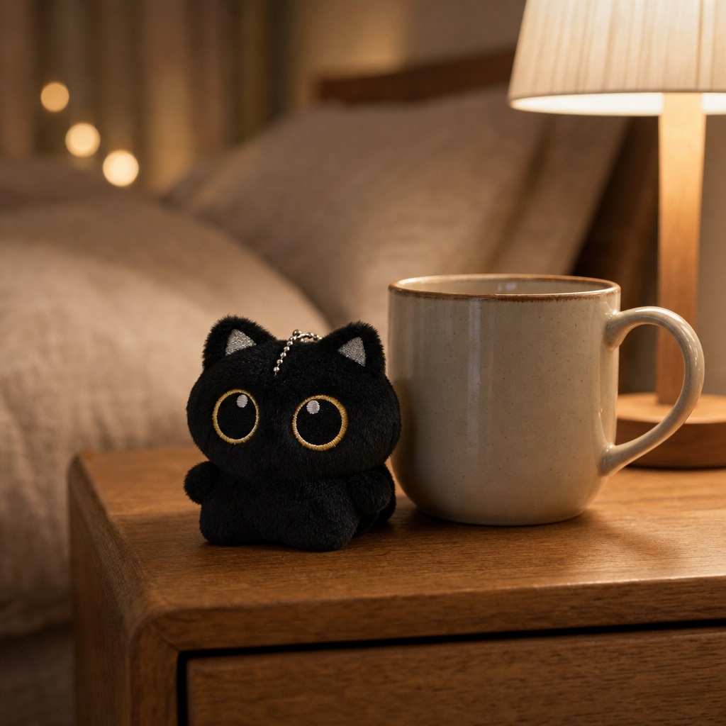 Black Cat plush keychain slumped on a nightstand next to a mug and a lamp