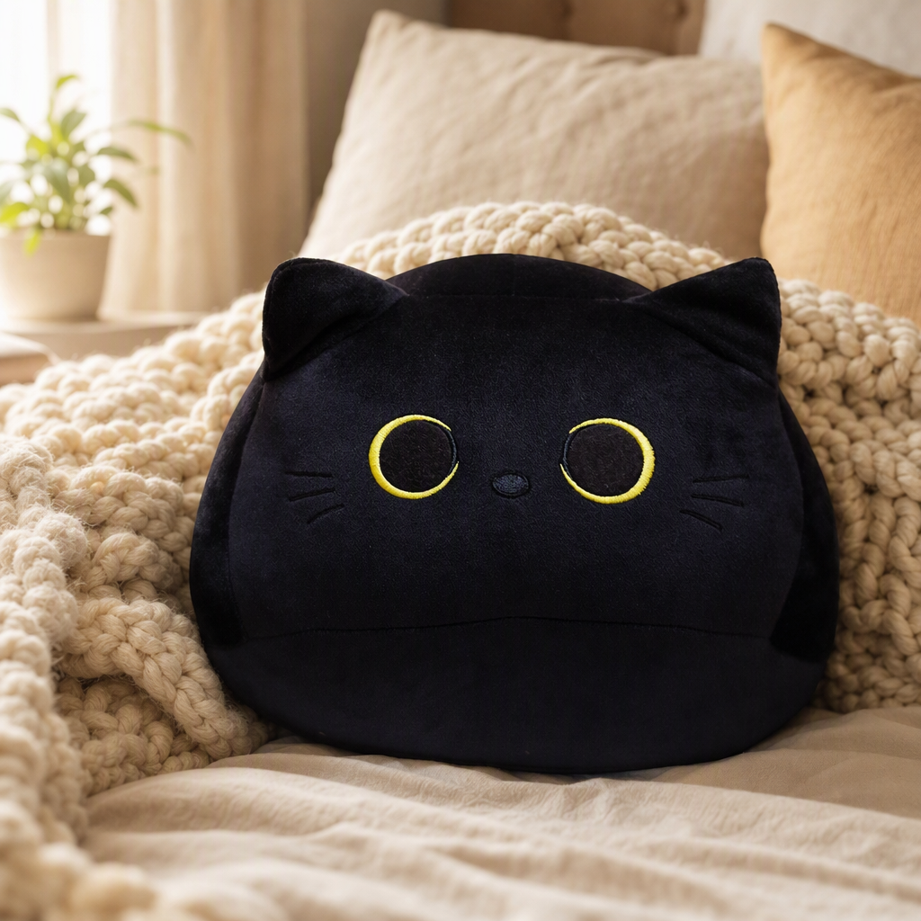 Black Cat 30 cm plush pillow resting on a cozy bed with a knit blanket
