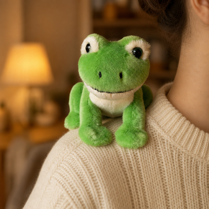 Shoulder Frog plush sitting on the shoulder of a cream knit sweater