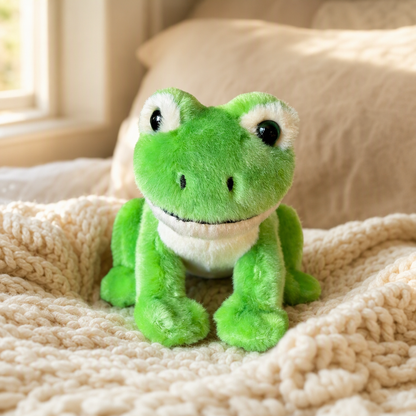 Shoulder Frog plush sitting on a cozy bed with a knit blanket