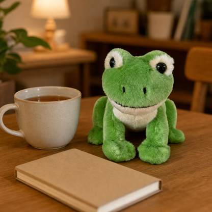 Shoulder Frog plush on a wooden desk next to a mug of tea