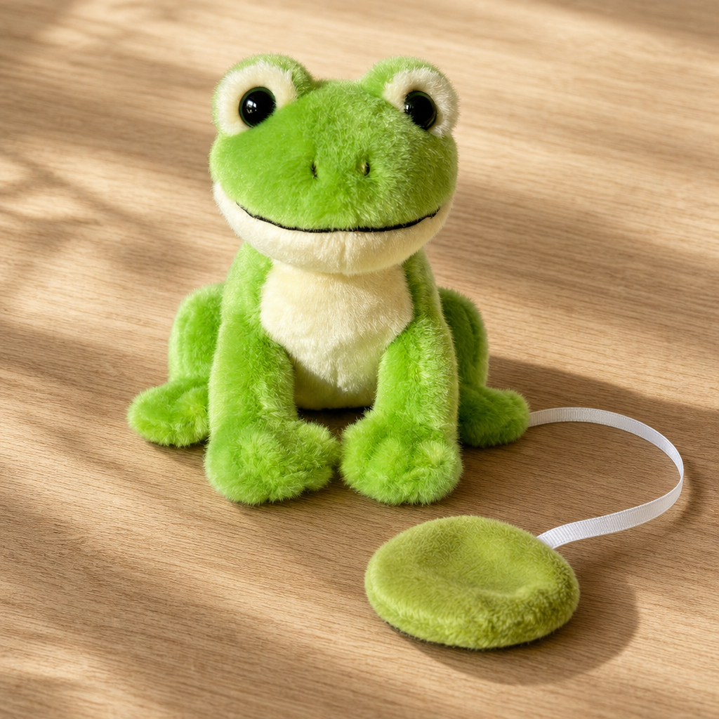 Shoulder Frog plush with its round magnet pad on a white ribbon, what is included